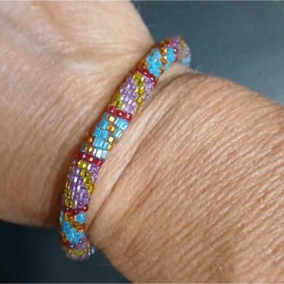 Multi color glass beaded round tribal bangle bracelet - Picture 1 of 3